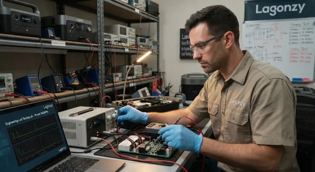 Lagonzy technician in a professional lab environment testing portable power station internal circuits for reliability and performance analysis.