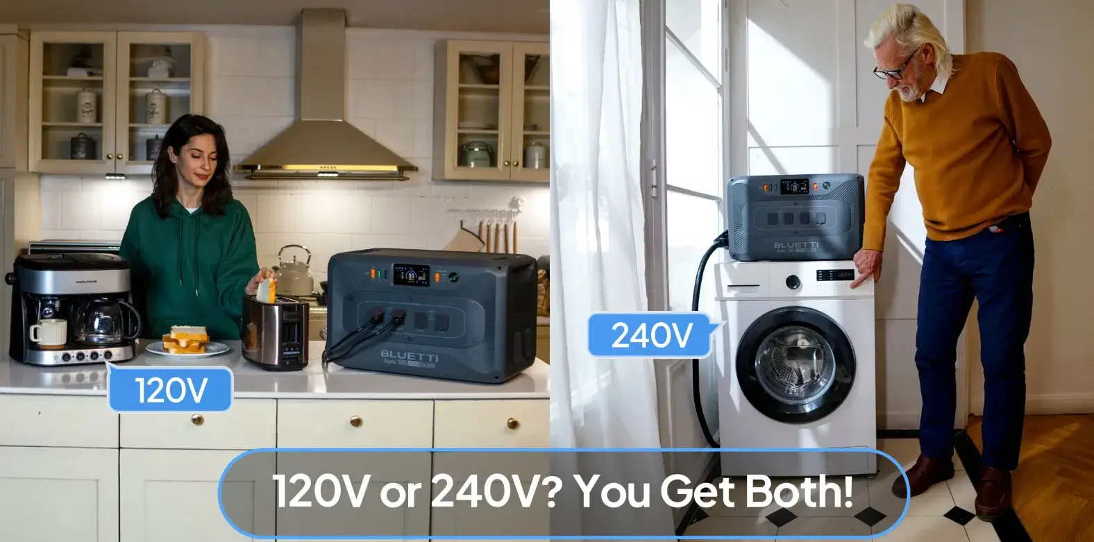 BLUETTI Apex 300 portable power station demonstrating dual-voltage capability, powering 120V kitchen appliances on the left and a 240V washing machine on the right.