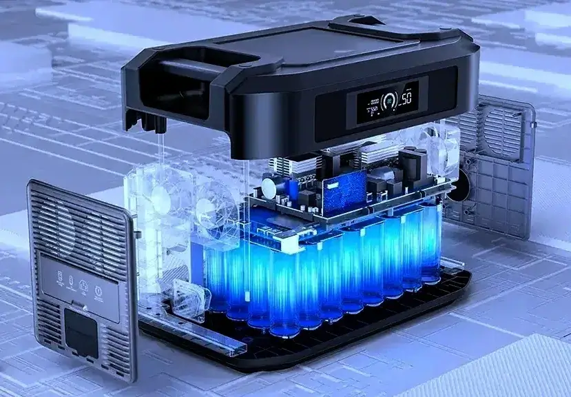 Exploded view of a high-performance portable power station featuring advanced LiFePO4 battery cells and integrated cooling systems.