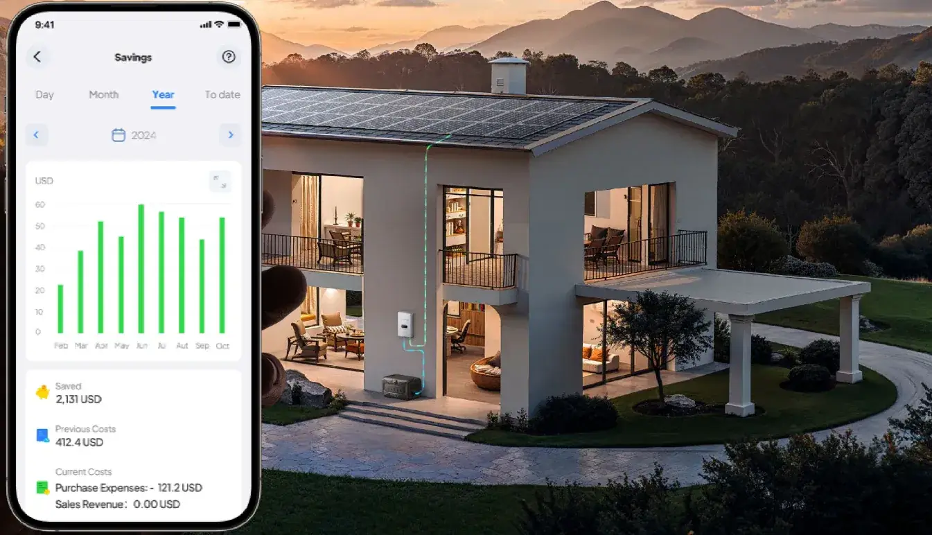 BLUETTI AC200MAX Expandable Power Station usa, bluetti power station, battery backup 4 A composite image showing a modern suburban house with solar panels on the roof, viewed at sunset, with a hand holding a smartphone in the foreground displaying a solar savings mobile app interface