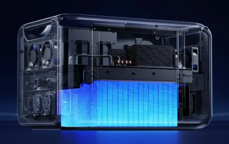 A transparent cutaway view of a portable power station revealing a glowing blue battery cell pack, dual cooling fans, a large heat sink, and internal electronic components against a dark background.