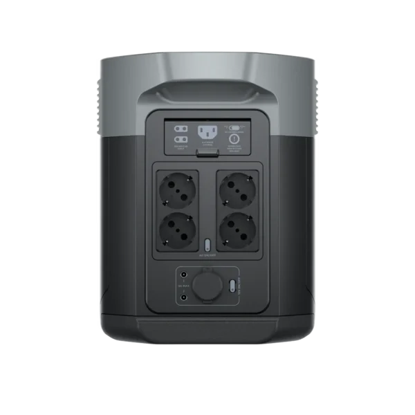 EcoFlow DELTA 2 Max rear panel with 4 EU AC wall outlets, solar input, and fast AC charging switch