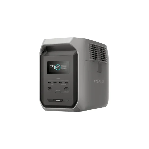 EcoFlow DELTA 3 Portable Power Station - Front Isometric View EcoFlow DELTA 3 portable power station showing LCD screen and front USB ports