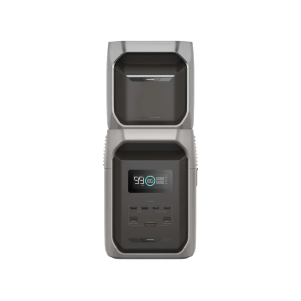 EcoFlow DELTA 3 - Stacked Battery System Setup EcoFlow DELTA 3 with Smart Extra Battery stacked vertically for compact home power storage