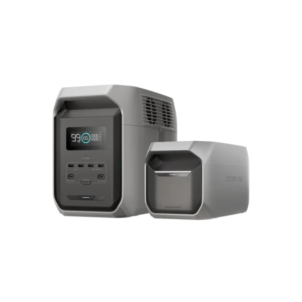 EcoFlow DELTA 3 - Power Station Side-by-Side with Extra Battery EcoFlow DELTA 3 power station standing side by side with EcoFlow Smart Extra Battery unit