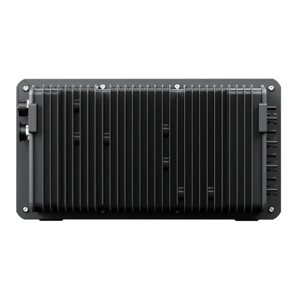 FOSSiBOT Balcony Solar Storage System Rear Flat View showing Solid Aluminum Passive Heat Sink Vents and Side Ports