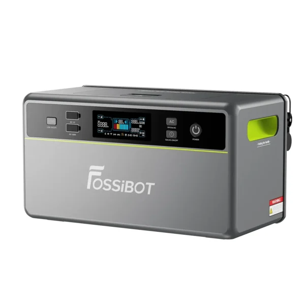 FOSSiBOT Balcony Solar Storage System Side Angle showing Front LCD Screen, USB QC3.0, PD 100W, and Green Side Handle