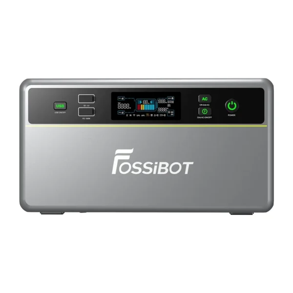 FOSSiBOT Balcony Solar Storage System Front Panel showing LCD Status Screen, USB-A, USB-C PD 100W, and Power Buttons