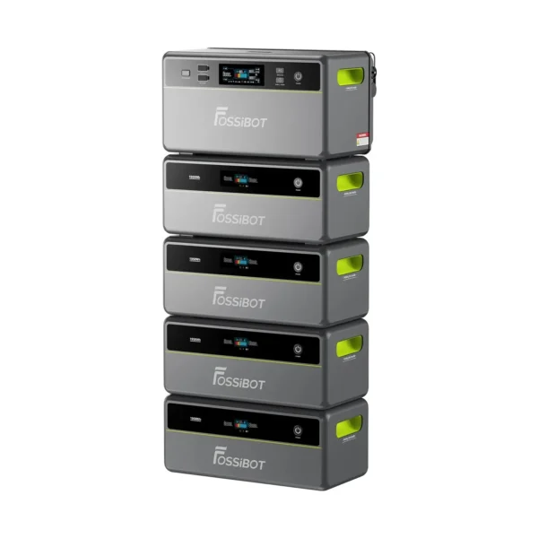 FOSSiBOT Balcony Solar Storage System Maximum Stacked Setup with Four Extra Battery Pack Units