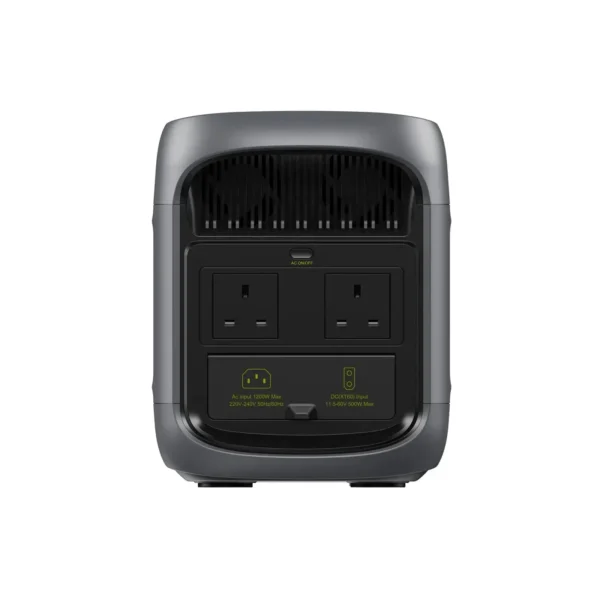 FOSSiBOT F1800 Rear Panel showing UK AC Sockets, 1200W AC Charging Input, and XT60 Solar Input