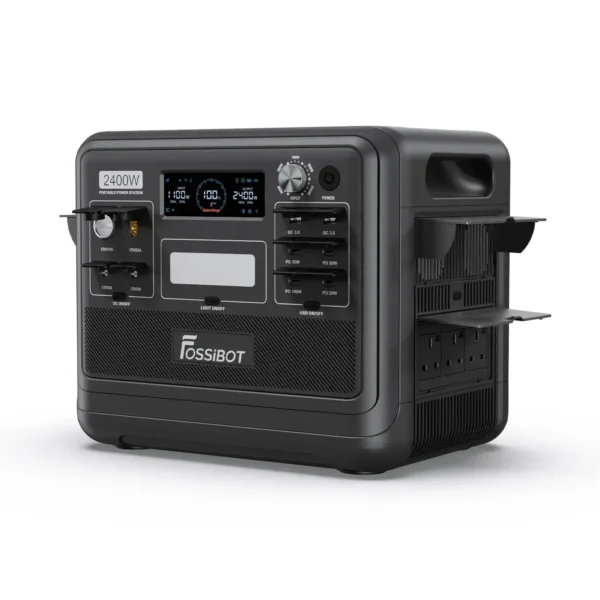 FOSSiBOT F2400 Black Side Angle showing Open Rubber Port Covers, DC Ports, USB Outlets, and AC Socket Door