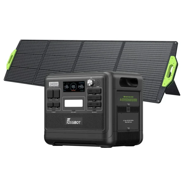 FOSSiBOT F2400 Black Power Station paired with Foldable Solar Panel for Outdoor Off-Grid Solar Charging