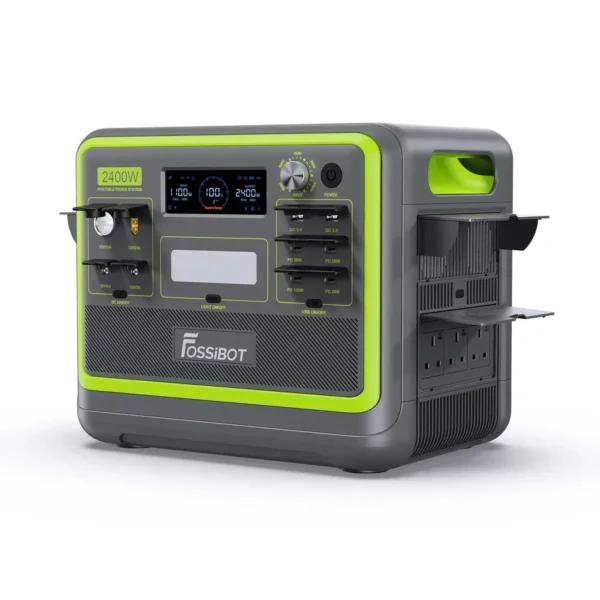 FOSSiBOT F2400 Green Edition Side Angle with Open Dust Covers and AC Outlet Door