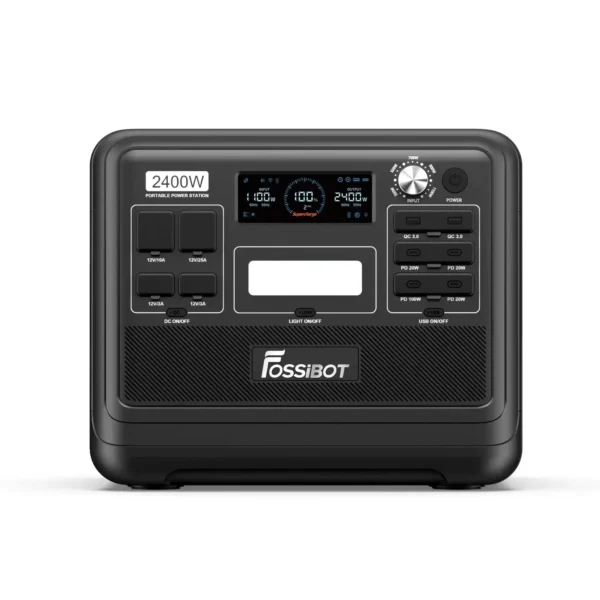 FOSSiBOT F2400 Black Portable Power Station Front View showing LCD Screen, DC Ports, and USB Power Delivery Ports