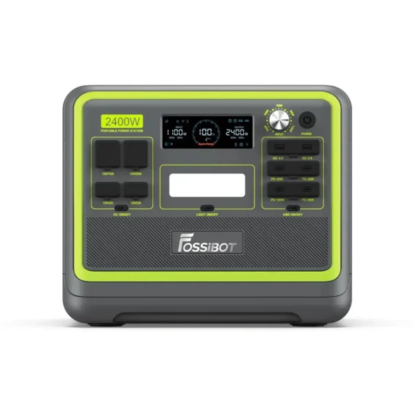 FOSSiBOT F2400 Green Accent Portable Power Station Front View showing LCD Display and Output Ports