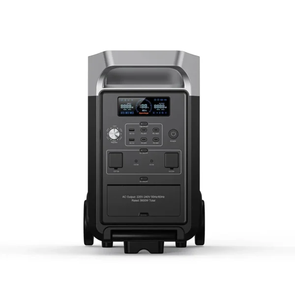 FOSSiBOT F3600 Pro EU Version Front View showing LCD Display Screen, USB-C 100W PD Ports, QC 3.0, and DC Outlets