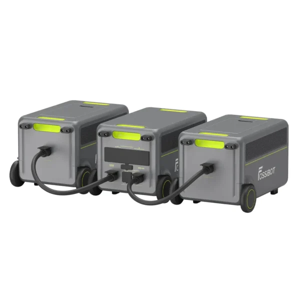 FOSSiBOT F3600 Pro Expandable Battery Connection Multiple FOSSiBOT units connected together in an expandable battery setup for high-capacity off-grid backup power.