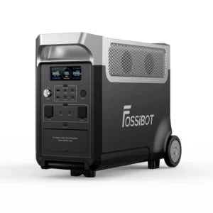 FOSSiBOT F3600 Pro EU Version Portable Power Station showing Side Angle, Wheels, LCD Display, and Control Panel