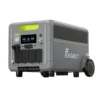 FOSSiBOT F3600 Pro Front Angle View Front angle view of the FOSSiBOT F3600 Pro portable power station showing its sturdy gray body, heavy-duty wheels, control panel, and green accent handle.