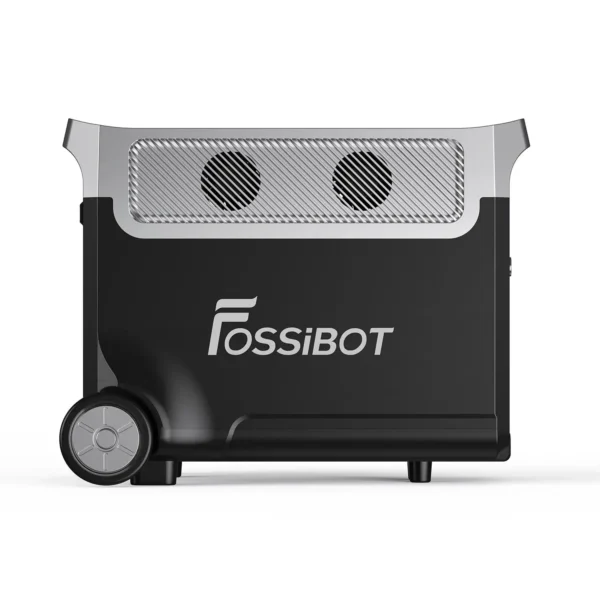 FOSSiBOT F3600 Pro Side View showing Stainless Steel Cooling Mesh, Dual Exhaust Fans, Rubber Wheel, and Brand Logo