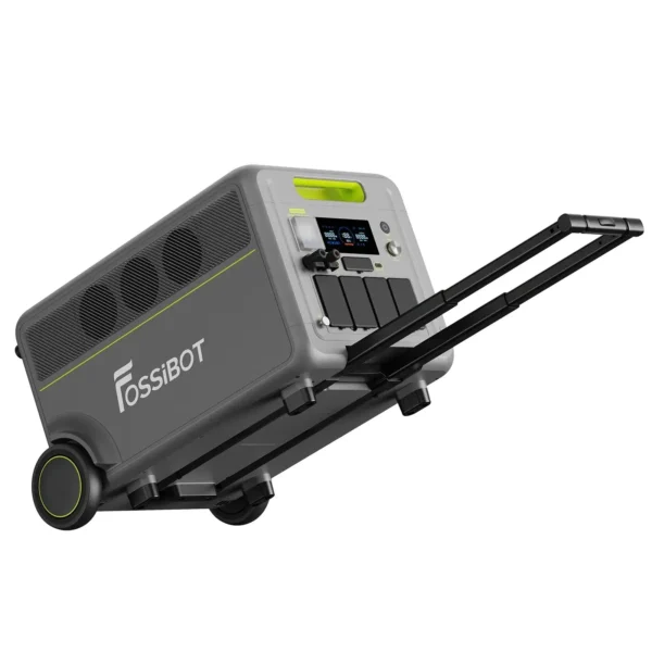 FOSSiBOT F3600 Pro Trolley Handle Mode FOSSiBOT F3600 Pro portable power station shown in trolley mode with its pull handle extended and heavy-duty wheels.
