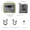 FOSSiBOT F800 dimensions chart showing size, weight, AC cable, XT60 solar cable, and user manual