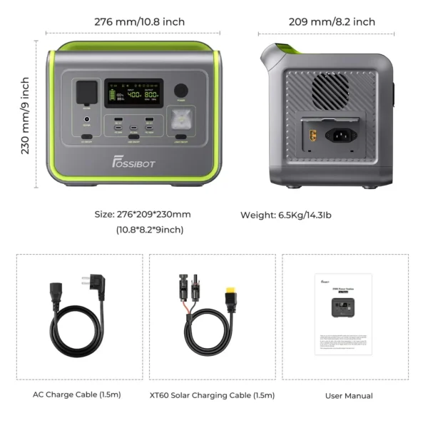 FOSSiBOT F800 dimensions chart showing size, weight, AC cable, XT60 solar cable, and user manual
