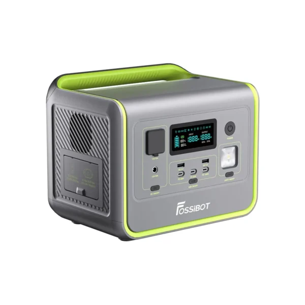 Left perspective view of the FOSSiBOT F800 power station showing side cooling fan grill.