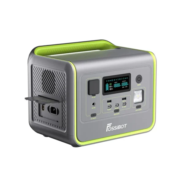 Close up view of FOSSiBOT F800 left side charging ports including AC mains input and XT60 solar input.