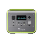 Front view of FOSSiBOT F800 portable power station with green trim showing LCD display and USB ports.