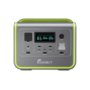 Front view of FOSSiBOT F800 portable power station with green trim showing LCD display and USB ports.