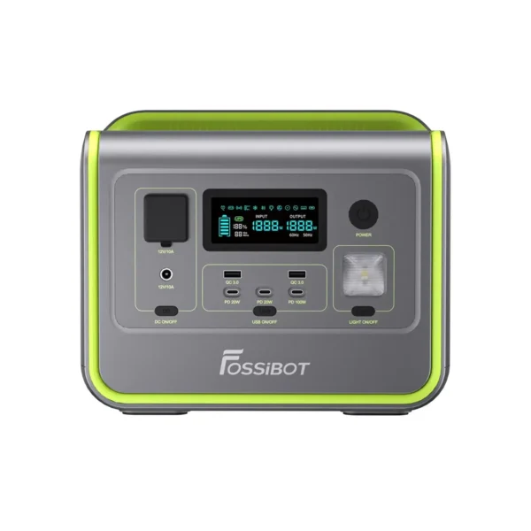 Front view of FOSSiBOT F800 portable power station with green trim showing LCD display and USB ports.