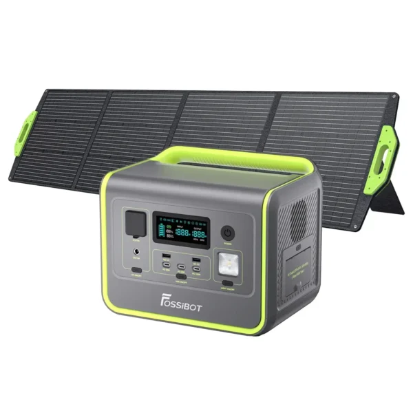 FOSSiBOT F800 green portable power station setup with an expanded 4-panel solar panel charger