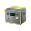 Perspective view of the FOSSiBOT F800 compact solar generator with green handles and side AC outlet cover.