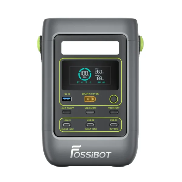 Front view of FOSSiBOT FDC300 power station displaying active battery level, wattage input/output, and power buttons.