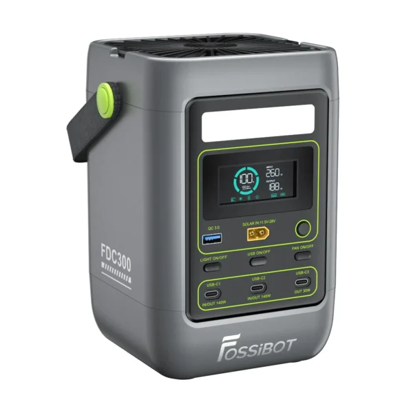 Right perspective view of the FOSSiBOT FDC300 compact power station showing USB-C PD 140W ports and solar input.