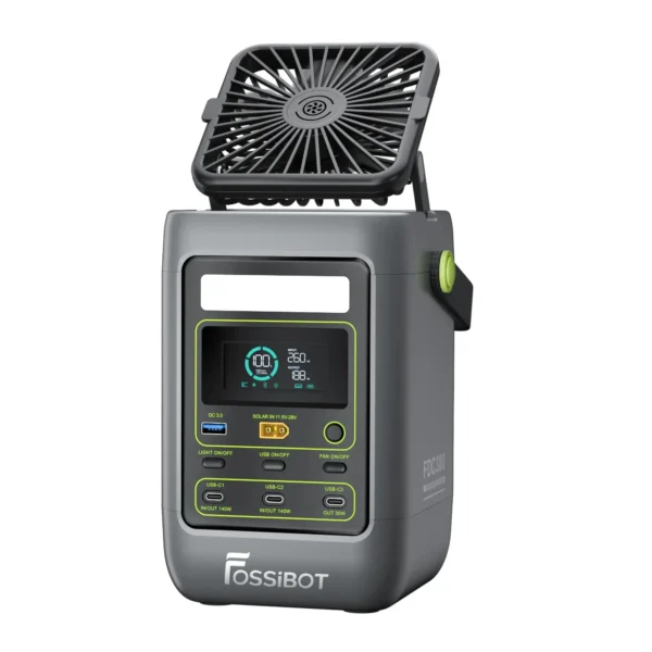 FOSSiBOT FDC300 portable power station with open top cooling fan and digital display screen.