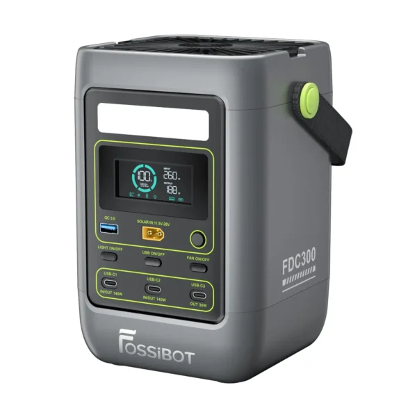Three-quarter perspective view of the grey FOSSiBOT FDC300 power station showing side handle and front ports.