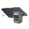 FOSSiBOT FDC300 portable power station connected to a 2-fold portable solar panel for off-grid charging.