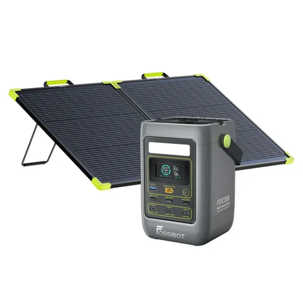 FOSSiBOT FDC300 portable power station connected to a 2-fold portable solar panel for off-grid charging.