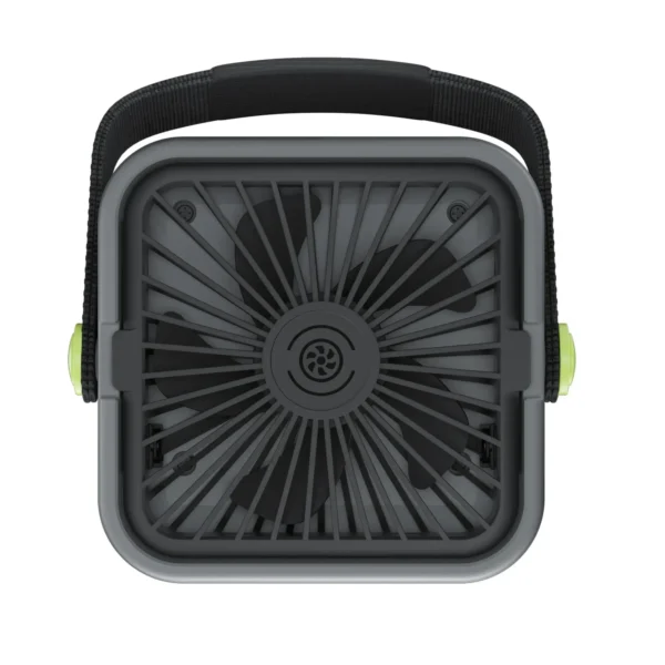 Top down view of the FOSSiBOT FDC300 power station showing the integrated cooling fan blades and carrying handle.