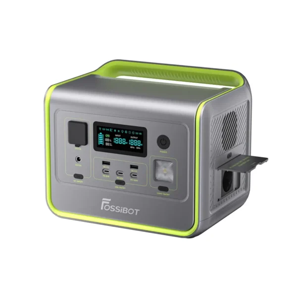 FOSSiBOT F800 power station right side with open protective cover revealing EU AC wall outlet.